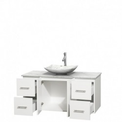 48 inch Single Bathroom Vanity in Matte White, White Carrera Marble Countertop, Arista White Carrera Marble Sink, and No Mirror