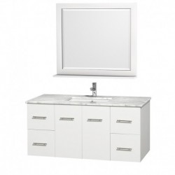 48 inch Single Bathroom Vanity in Matte White, White Carrera Marble Countertop, Square Porcelain Undermount Sink, and 36 inch M
