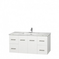 48 inch Single Bathroom Vanity in Matte White, White Carrera Marble Countertop, Undermount Square Sink, and No Mirror