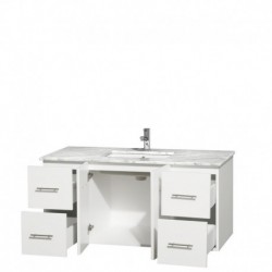48 inch Single Bathroom Vanity in Matte White, White Carrera Marble Countertop, Undermount Square Sink, and No Mirror