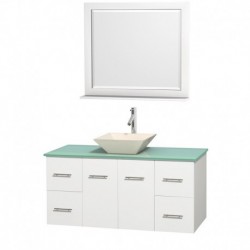 48 inch Single Bathroom Vanity in Matte White, Green Glass Countertop, Pyra Bone Porcelain Sink, and 36 inch Mirror