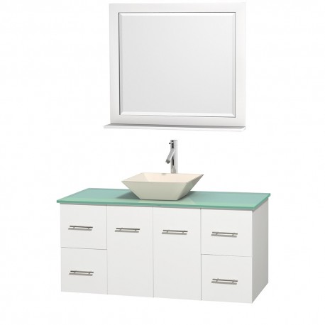 48 inch Single Bathroom Vanity in Matte White, Green Glass Countertop, Pyra Bone Porcelain Sink, and 36 inch Mirror