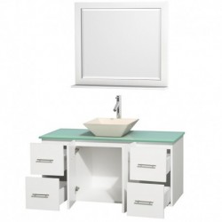 48 inch Single Bathroom Vanity in Matte White, Green Glass Countertop, Pyra Bone Porcelain Sink, and 36 inch Mirror