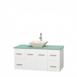 48 inch Single Bathroom Vanity in Matte White, Green Glass Countertop, Pyra Bone Porcelain Sink, and No Mirror