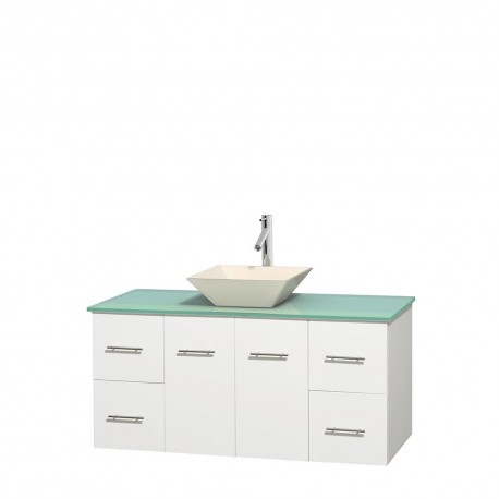 48 inch Single Bathroom Vanity in Matte White, Green Glass Countertop, Pyra Bone Porcelain Sink, and No Mirror