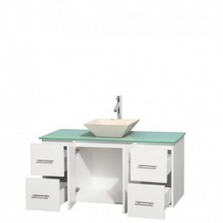48 inch Single Bathroom Vanity in Matte White, Green Glass Countertop, Pyra Bone Porcelain Sink, and No Mirror