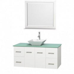 48 inch Single Bathroom Vanity in Matte White, Green Glass Countertop, Pyra White Porcelain Sink, and 36 inch Mirror