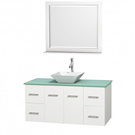 48 inch Single Bathroom Vanity in Matte White, Green Glass Countertop, Pyra White Porcelain Sink, and 36 inch Mirror