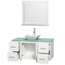 48 inch Single Bathroom Vanity in Matte White, Green Glass Countertop, Pyra White Porcelain Sink, and 36 inch Mirror