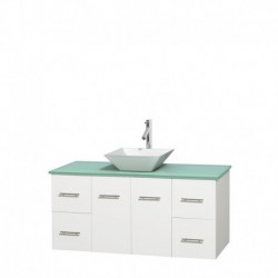 48 inch Single Bathroom Vanity in Matte White, Green Glass Countertop, Pyra White Porcelain Sink, and No Mirror
