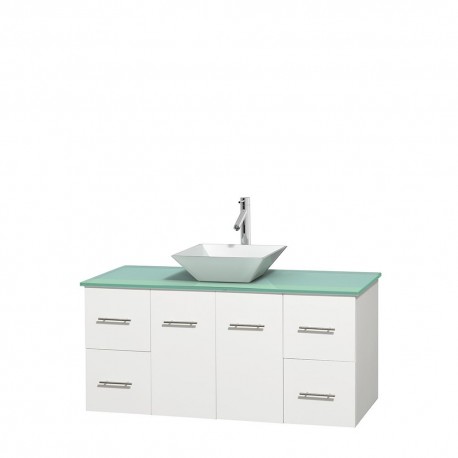 48 inch Single Bathroom Vanity in Matte White, Green Glass Countertop, Pyra White Porcelain Sink, and No Mirror