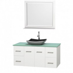 48 inch Single Bathroom Vanity in Matte White, Green Glass Countertop, Altair Black Granite Sink, and 36 inch Mirror