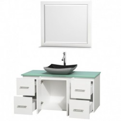 48 inch Single Bathroom Vanity in Matte White, Green Glass Countertop, Altair Black Granite Sink, and 36 inch Mirror