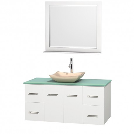 48 inch Single Bathroom Vanity in Matte White, Green Glass Countertop, Avalon Ivory Marble Sink, and 36 inch Mirror
