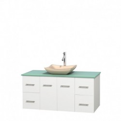 48 inch Single Bathroom Vanity in Matte White, Green Glass Countertop, Avalon Ivory Marble Sink, and No Mirror