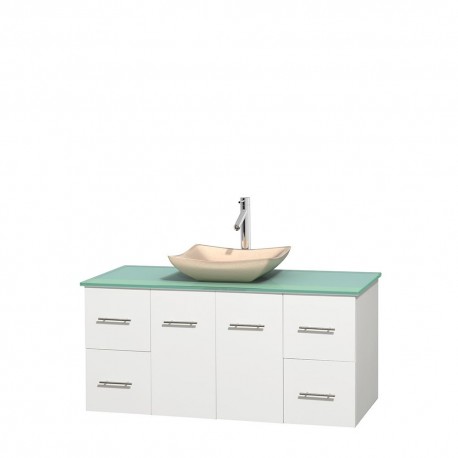 48 inch Single Bathroom Vanity in Matte White, Green Glass Countertop, Avalon Ivory Marble Sink, and No Mirror