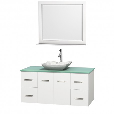 48 inch Single Bathroom Vanity in Matte White, Green Glass Countertop, Avalon White Carrera Marble Sink, and 36 inch Mirror