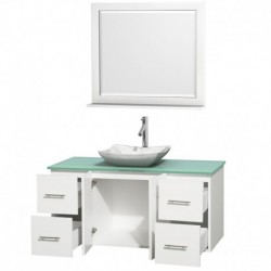 48 inch Single Bathroom Vanity in Matte White, Green Glass Countertop, Avalon White Carrera Marble Sink, and 36 inch Mirror