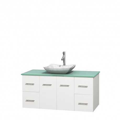 48 inch Single Bathroom Vanity in Matte White, Green Glass Countertop, Avalon White Carrera Marble Sink, and No Mirror
