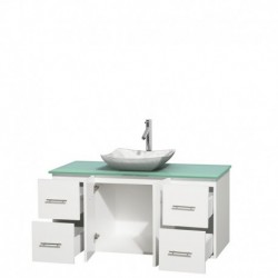 48 inch Single Bathroom Vanity in Matte White, Green Glass Countertop, Avalon White Carrera Marble Sink, and No Mirror
