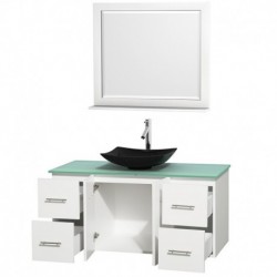48 inch Single Bathroom Vanity in Matte White, Green Glass Countertop, Arista Black Granite Sink, and 36 inch Mirror