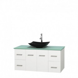 48 inch Single Bathroom Vanity in Matte White, Green Glass Countertop, Arista Black Granite Sink, and No Mirror
