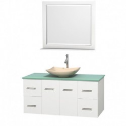 48 inch Single Bathroom Vanity in Matte White, Green Glass Countertop, Arista Ivory Marble Sink, and 36 inch Mirror
