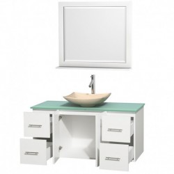 48 inch Single Bathroom Vanity in Matte White, Green Glass Countertop, Arista Ivory Marble Sink, and 36 inch Mirror