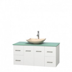 48 inch Single Bathroom Vanity in Matte White, Green Glass Countertop, Arista Ivory Marble Sink, and No Mirror