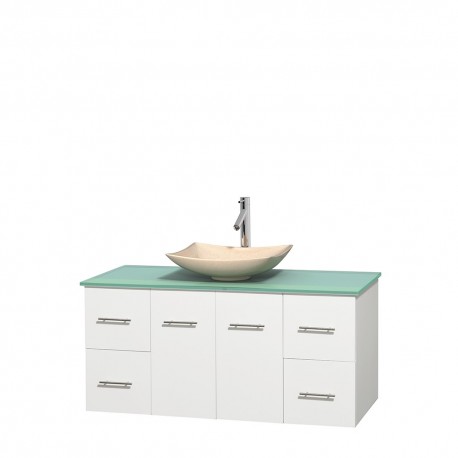 48 inch Single Bathroom Vanity in Matte White, Green Glass Countertop, Arista Ivory Marble Sink, and No Mirror