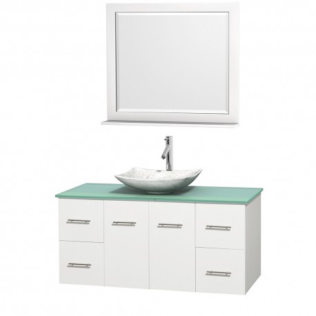48 inch Single Bathroom Vanity in Matte White, Green Glass Countertop, Arista White Carrera Marble Sink, and 36 inch Mirror