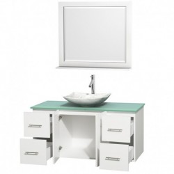 48 inch Single Bathroom Vanity in Matte White, Green Glass Countertop, Arista White Carrera Marble Sink, and 36 inch Mirror