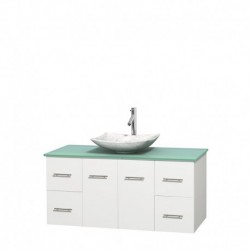 48 inch Single Bathroom Vanity in Matte White, Green Glass Countertop, Arista White Carrera Marble Sink, and No Mirror