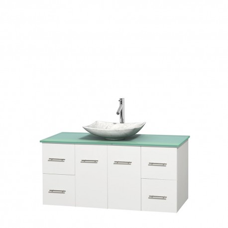 48 inch Single Bathroom Vanity in Matte White, Green Glass Countertop, Arista White Carrera Marble Sink, and No Mirror