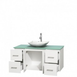 48 inch Single Bathroom Vanity in Matte White, Green Glass Countertop, Arista White Carrera Marble Sink, and No Mirror