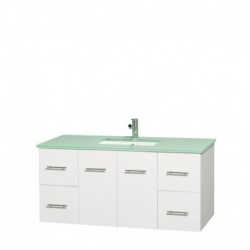 48 inch Single Bathroom Vanity in Matte White, Green Glass Countertop, Undermount Square Sink, and No Mirror