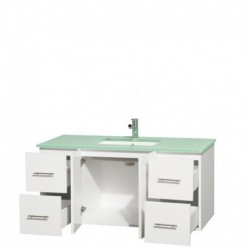 48 inch Single Bathroom Vanity in Matte White, Green Glass Countertop, Undermount Square Sink, and No Mirror