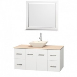 48 inch Single Bathroom Vanity in Matte White, Ivory Marble Countertop, Pyra Bone Porcelain Sink, and 36 inch Mirror