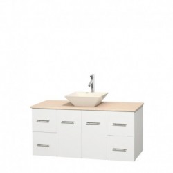 48 inch Single Bathroom Vanity in Matte White, Ivory Marble Countertop, Pyra Bone Porcelain Sink, and No Mirror