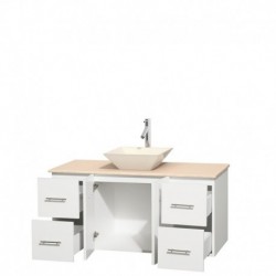 48 inch Single Bathroom Vanity in Matte White, Ivory Marble Countertop, Pyra Bone Porcelain Sink, and No Mirror