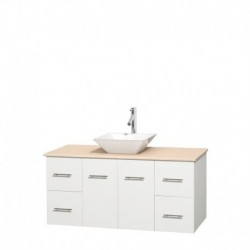 48 inch Single Bathroom Vanity in Matte White, Ivory Marble Countertop, Pyra White Porcelain Sink, and No Mirror