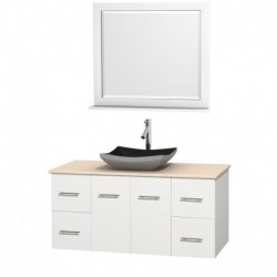 48 inch Single Bathroom Vanity in Matte White, Ivory Marble Countertop, Altair Black Granite Sink, and 36 inch Mirror