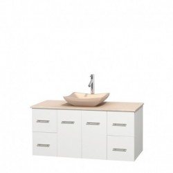 48 inch Single Bathroom Vanity in Matte White, Ivory Marble Countertop, Avalon Ivory Marble Sink, and No Mirror
