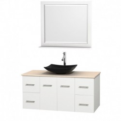 48 inch Single Bathroom Vanity in Matte White, Ivory Marble Countertop, Arista Black Granite Sink, and 36 inch Mirror