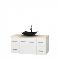 48 inch Single Bathroom Vanity in Matte White, Ivory Marble Countertop, Arista Black Granite Sink, and No Mirror