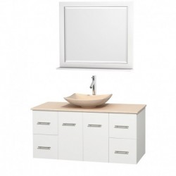 48 inch Single Bathroom Vanity in Matte White, Ivory Marble Countertop, Arista Ivory Marble Sink, and 36 inch Mirror