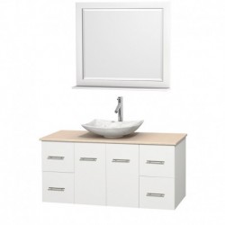48 inch Single Bathroom Vanity in Matte White, Ivory Marble Countertop, Arista White Carrera Marble Sink, and 36 inch Mirror