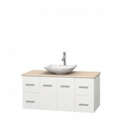 48 inch Single Bathroom Vanity in Matte White, Ivory Marble Countertop, Arista White Carrera Marble Sink, and No Mirror