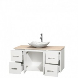 48 inch Single Bathroom Vanity in Matte White, Ivory Marble Countertop, Arista White Carrera Marble Sink, and No Mirror