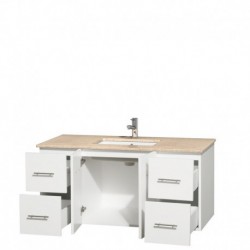48 inch Single Bathroom Vanity in Matte White, Ivory Marble Countertop, Undermount Square Sink, and No Mirror